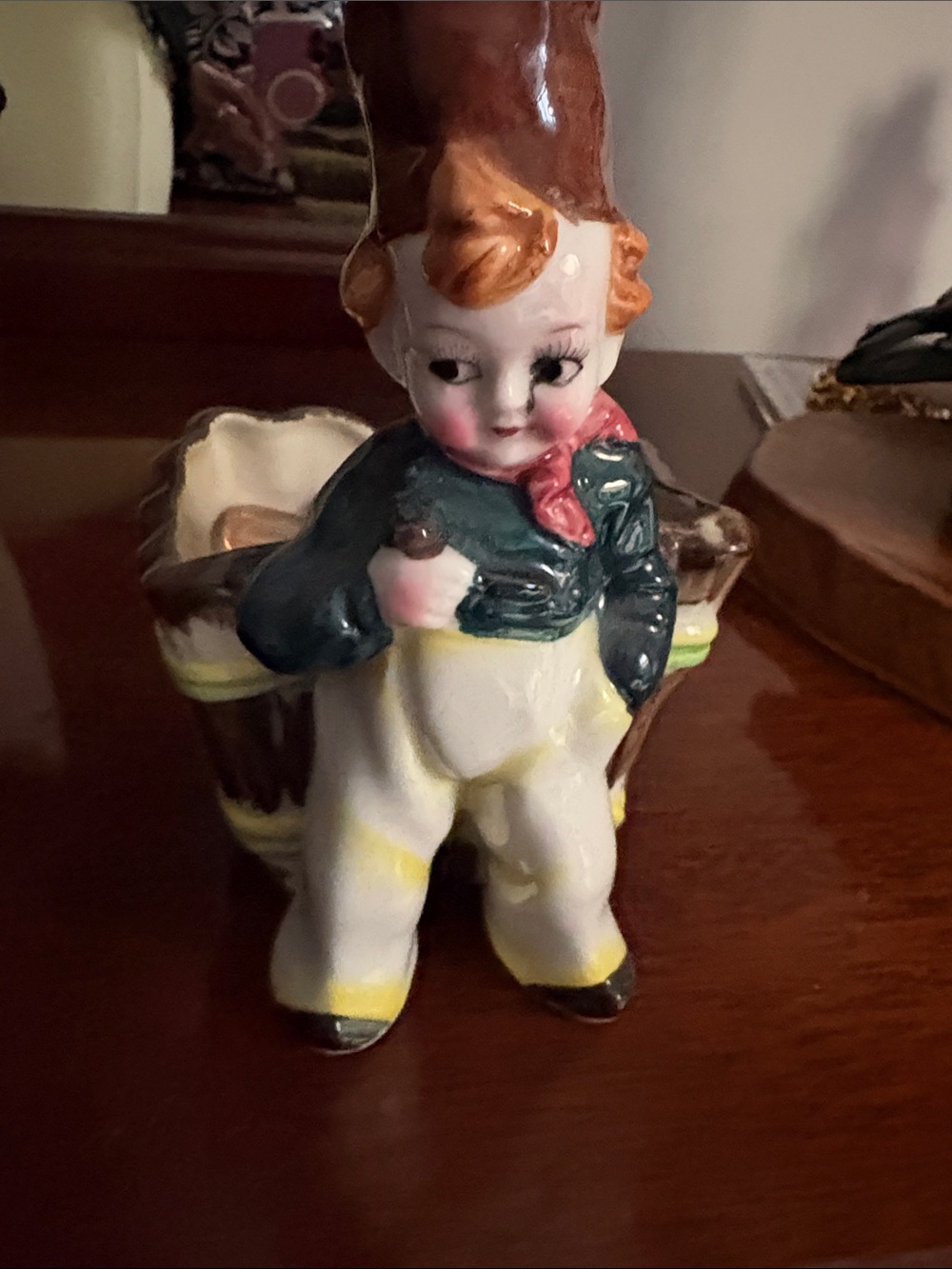 Vintage Ceramic Boy Planter in White, Green, Brown